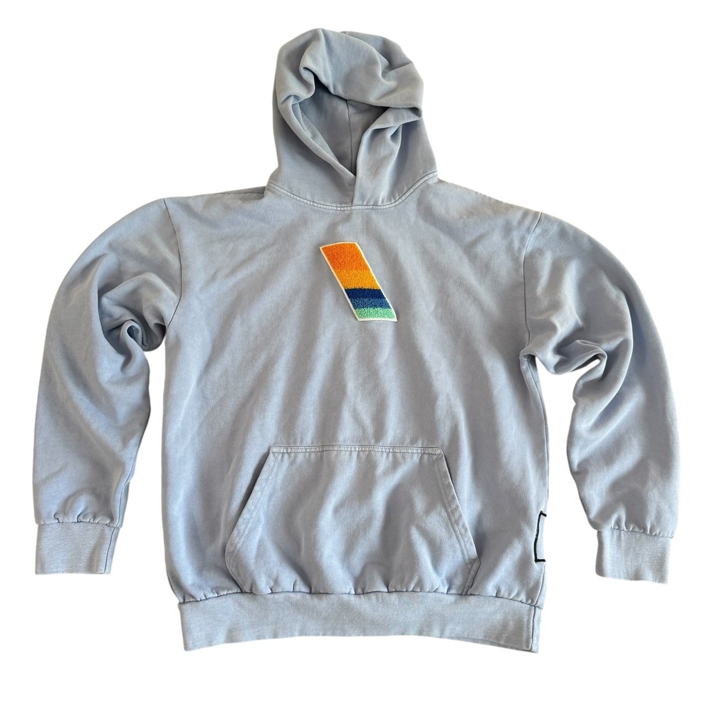 Varley Large Light Blue‎ Striped Patch Logo Men's Pullover Hoodie Sweatshirt